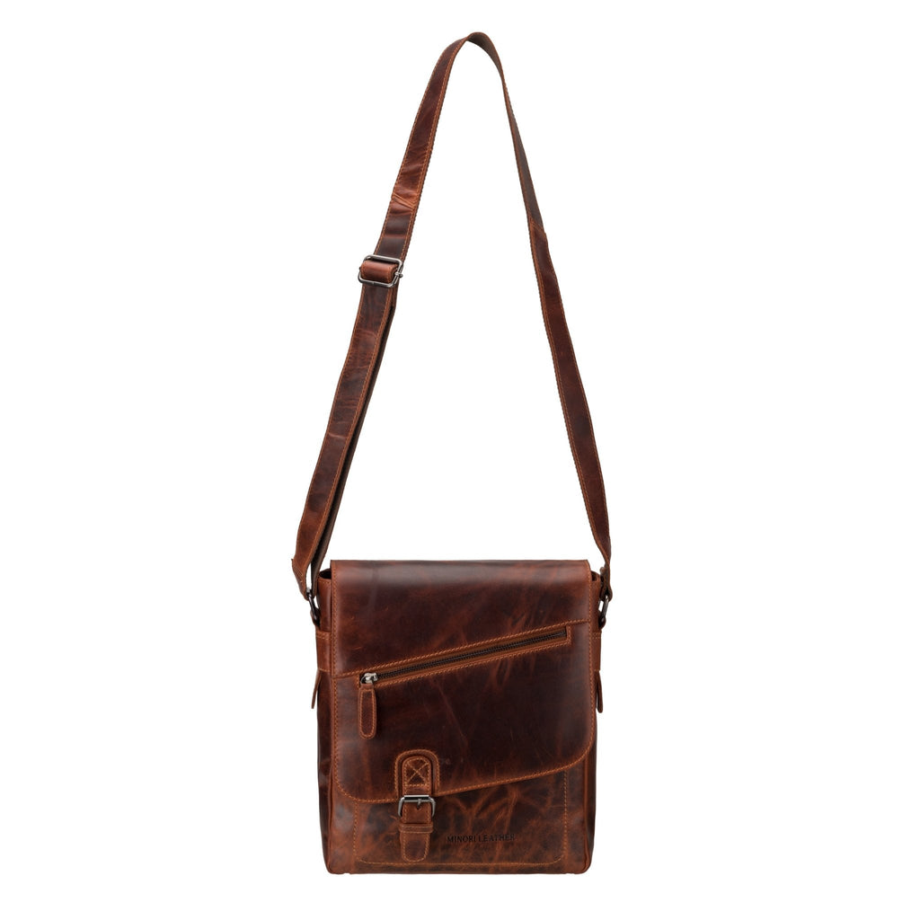 Minori Leather Raleigh leather crossbody satchel bag in chestnut with adjustable strap and sleek design.