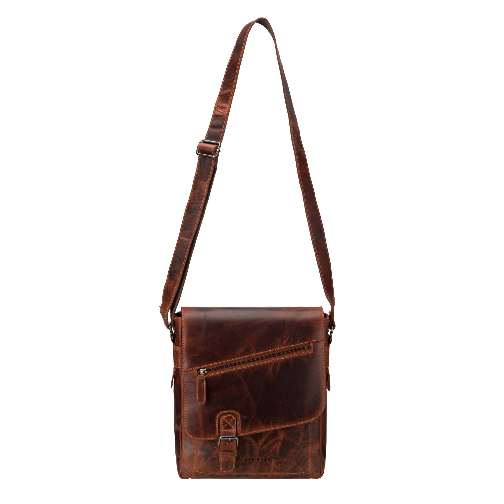 Minori Leather Raleigh leather crossbody satchel bag in chestnut with adjustable strap and sleek design.