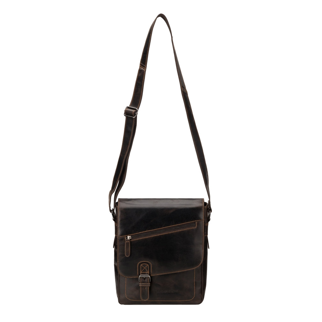 Minori Leather brown leather crossbody satchel bag with adjustable strap and classic design.