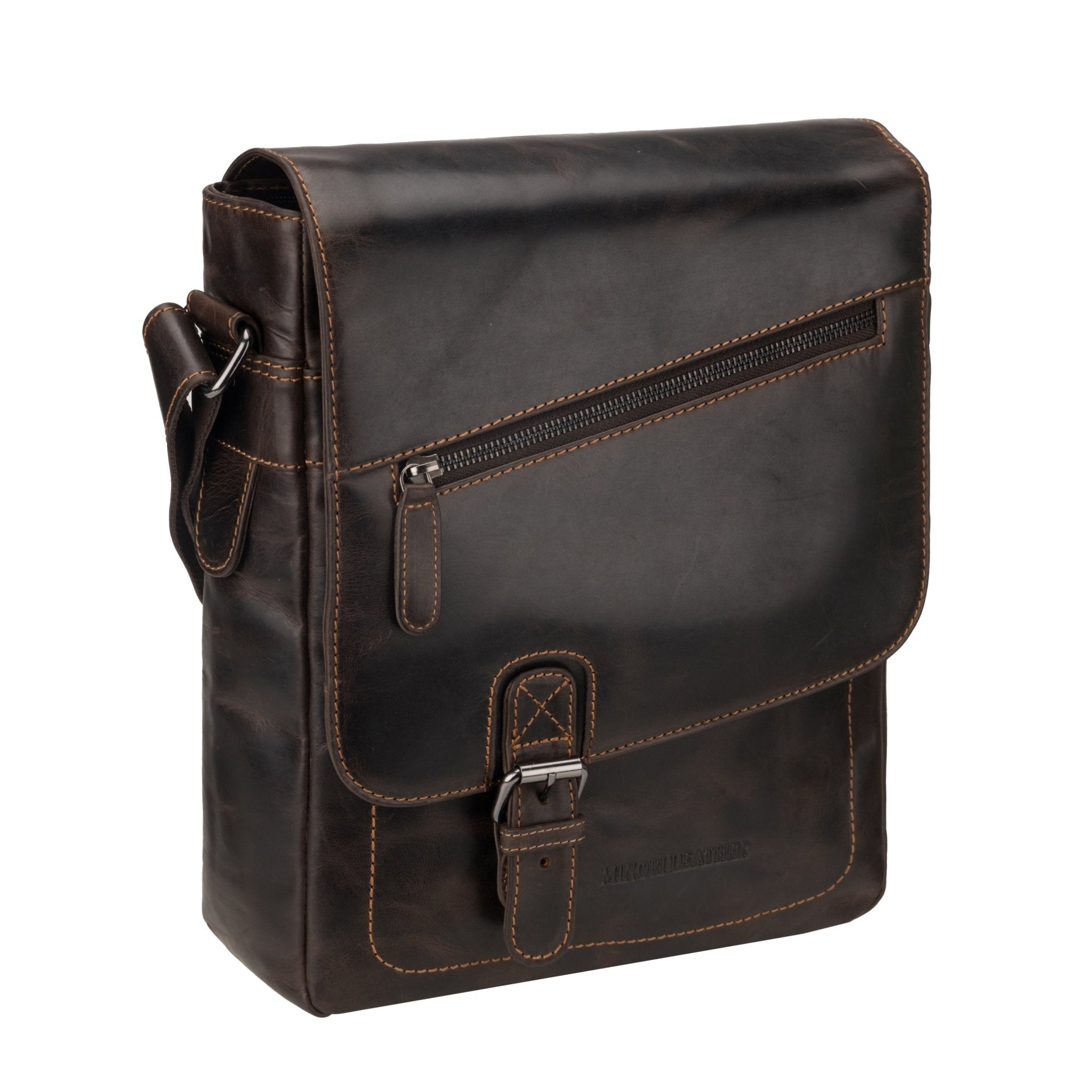 Minori Leather brown Raleigh leather satchel crossbody bag with adjustable strap and top handle, stylish and functional for everyday use.