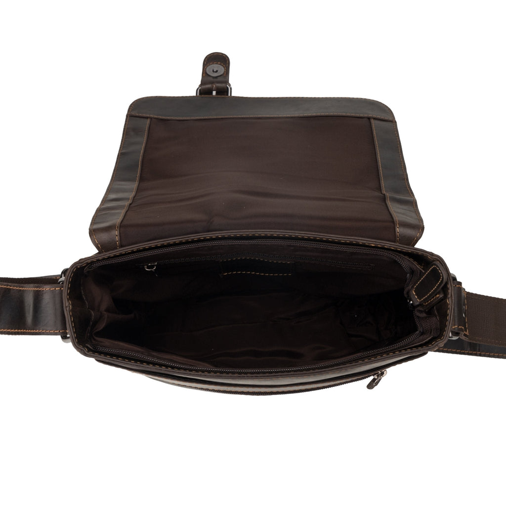 Minori Leather brown Raleigh leather crossbody satchel bag with adjustable strap and classic design.