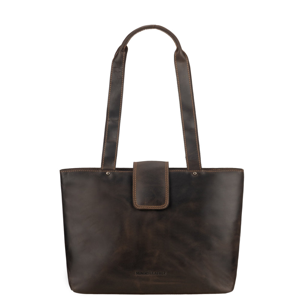 Minori Leather Everett Brown leather shoulder tote bag with dual handles and spacious interior, stylish for everyday use.