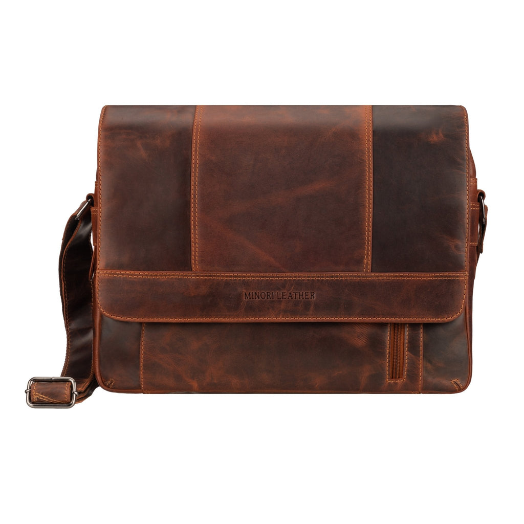 Minori Leather Jordan Leather Messenger Bag in Chestnut, stylish laptop bag with adjustable strap and durable leather finish.
