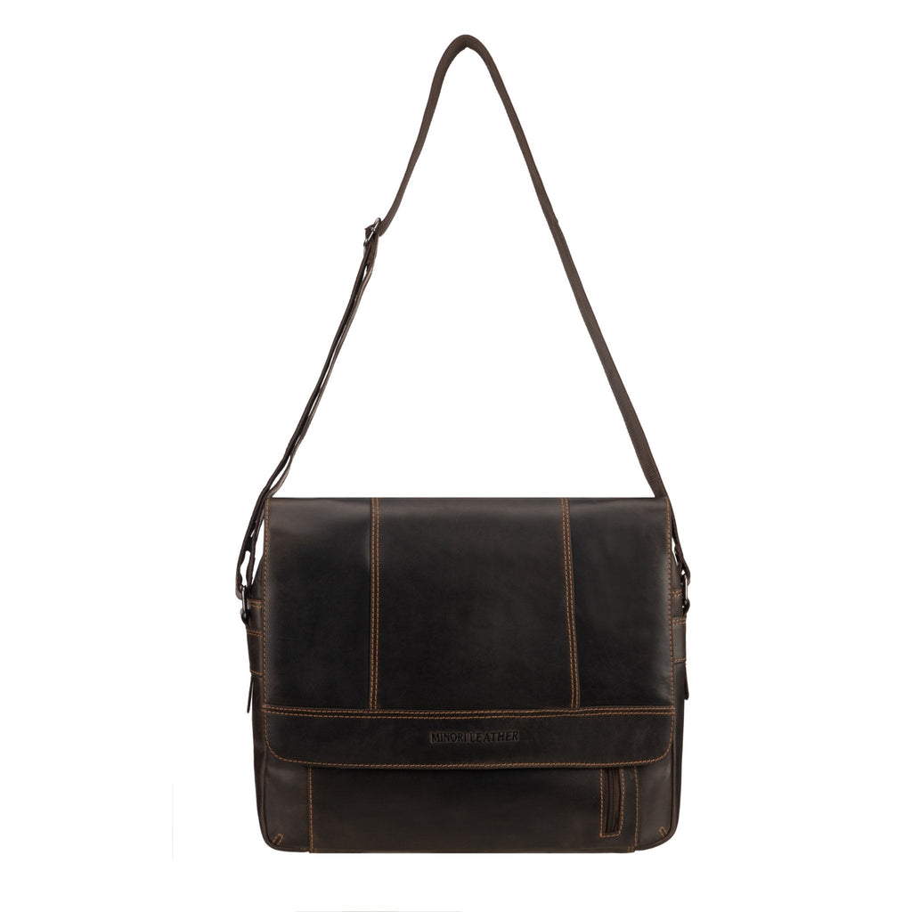 Brown Jordan leather messenger bag by Minori Leather with adjustable strap and spacious interior, stylish for everyday use.