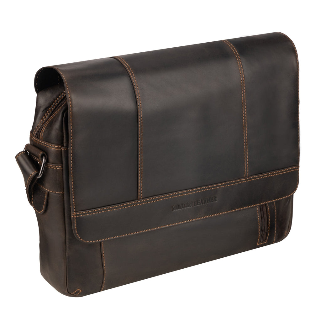 Minori Leather brown leather messenger bag with adjustable strap and multiple compartments, designed for style and functionality.
