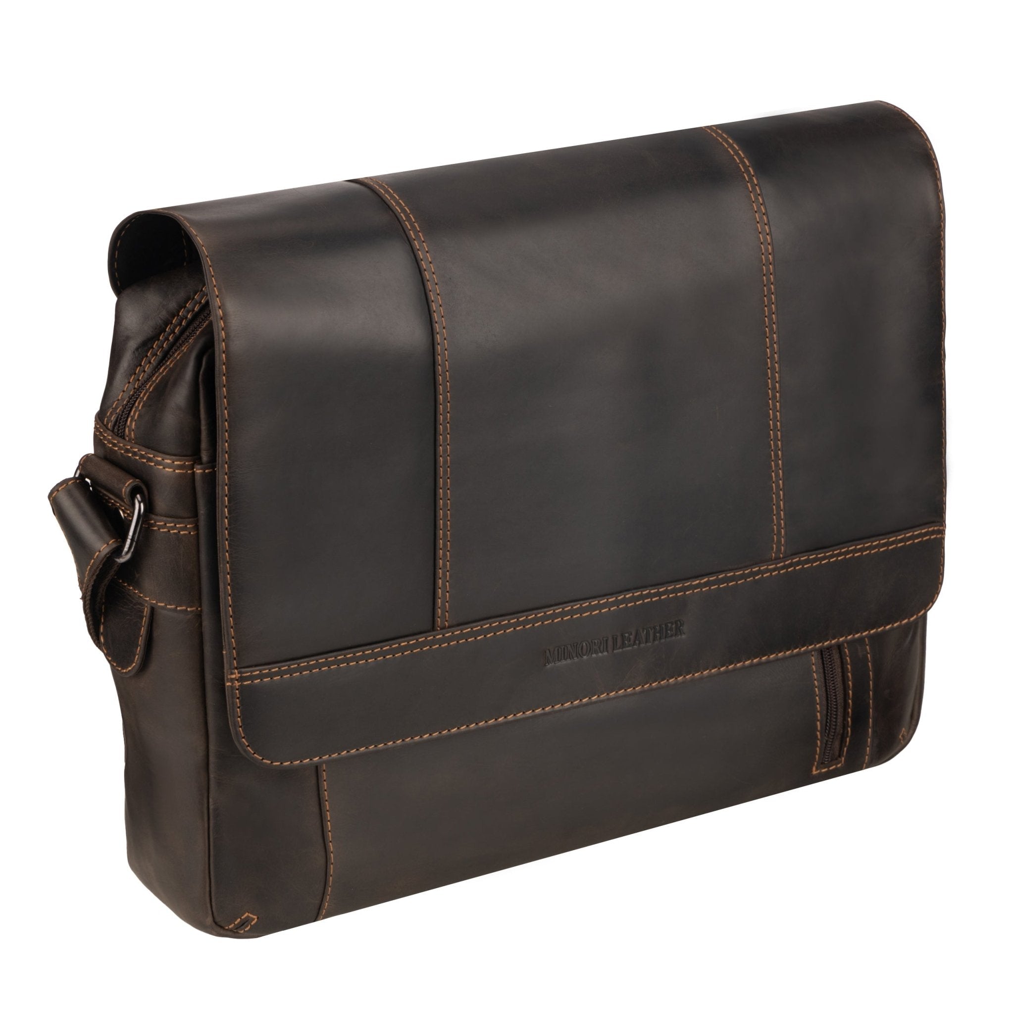 Minori Leather brown leather messenger bag with adjustable strap and multiple compartments, designed for style and functionality.