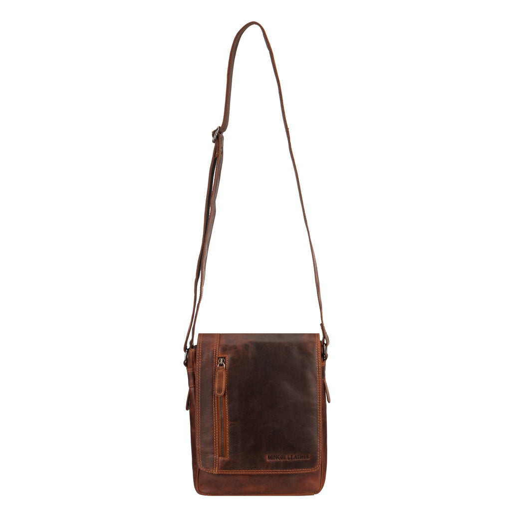 Minori Leather Knox leather crossbody bag with adjustable strap and sleek design, showing detailed stitching and high-quality leather.
