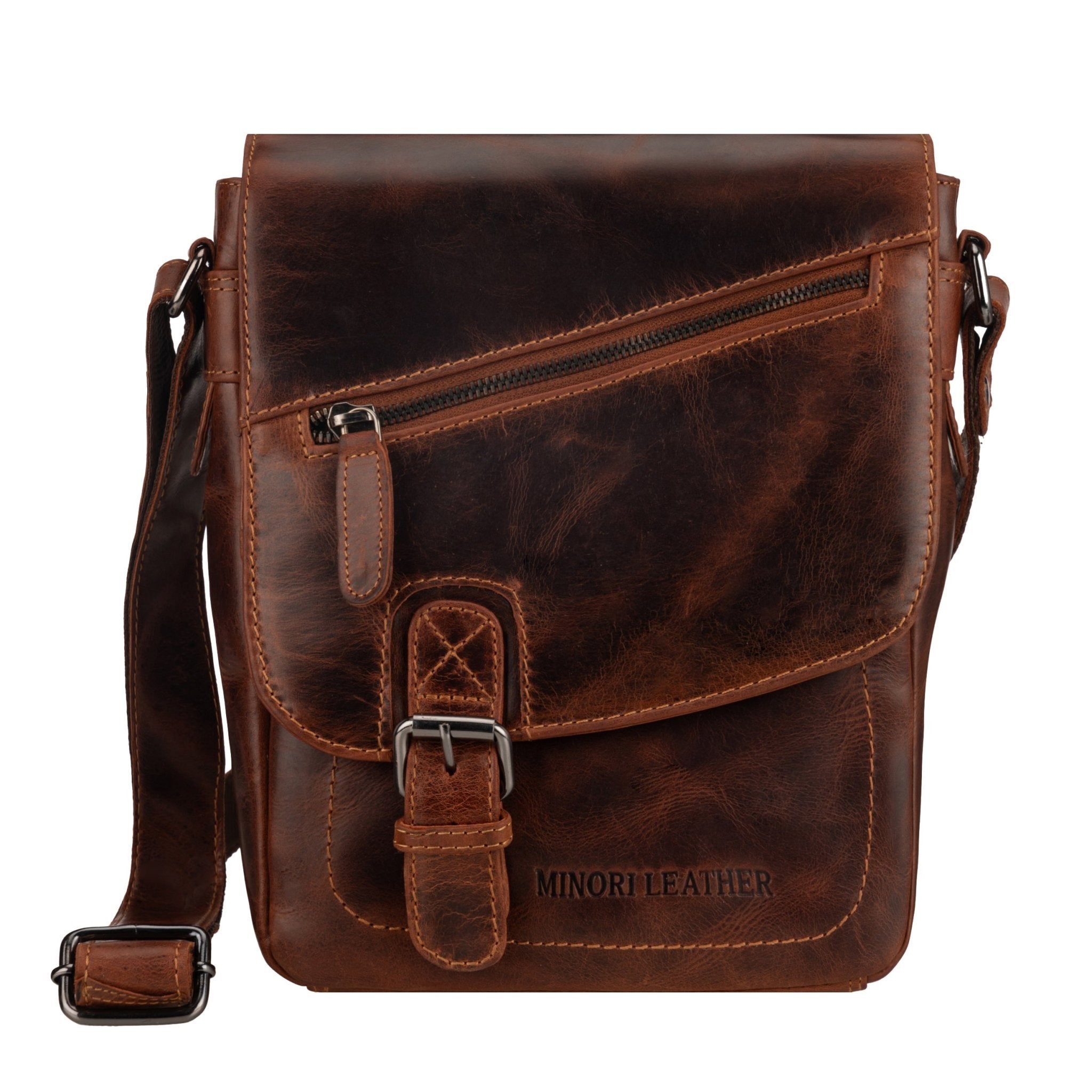 Minori Leather Dallas leather crossbody bag in chestnut with adjustable strap and minimalist design.