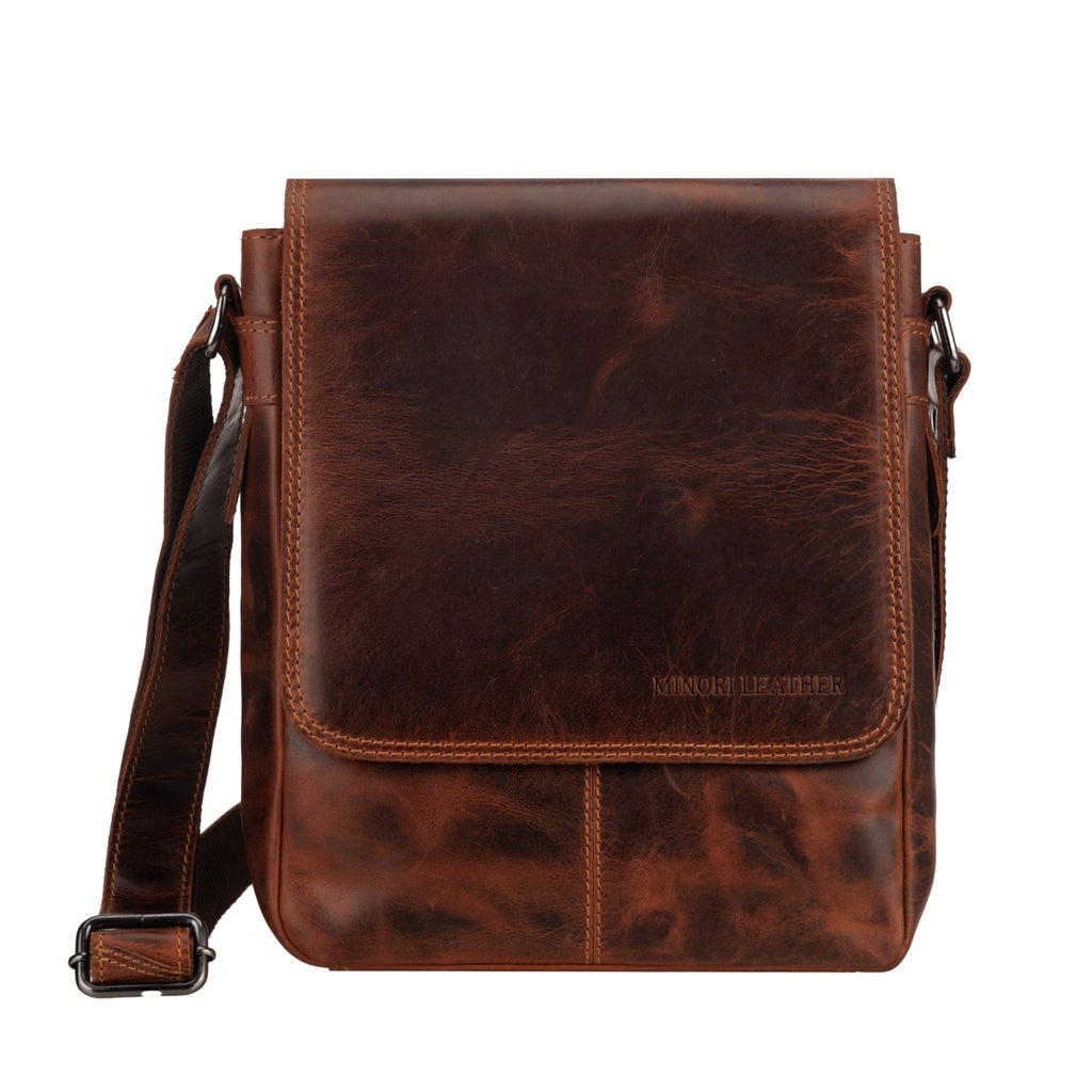 Minori Leather Halifax crossbody bag in chestnut leather with adjustable strap and sleek design.