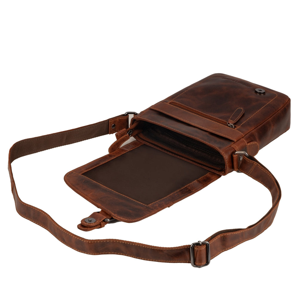 Minori Leather Dallas Leather Crossbody Bag in chestnut with adjustable strap and sleek design.