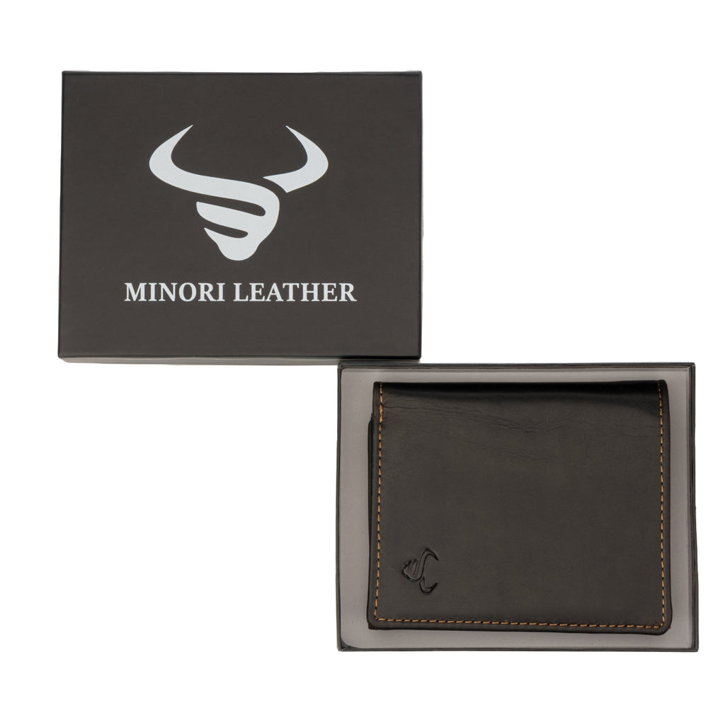 Brown Philip leather trifold wallet for men by Minori Leather, showing multiple card slots and wallet interior.