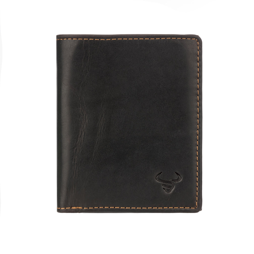 Brown Philip leather trifold wallet for men by Minori Leather, showing multiple card slots and classic design.