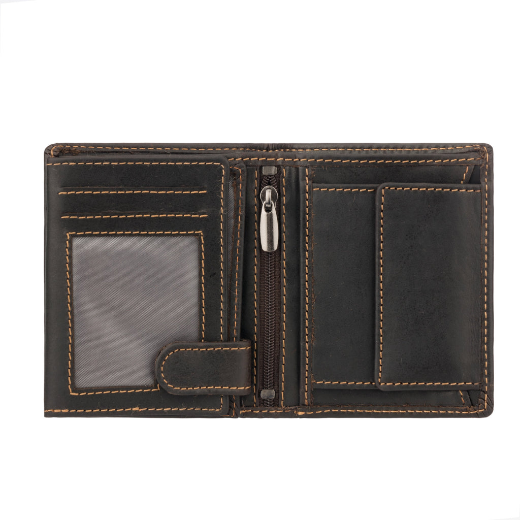 Brown Philip leather trifold wallet for men by Minori Leather, showing multiple card slots and classic design.