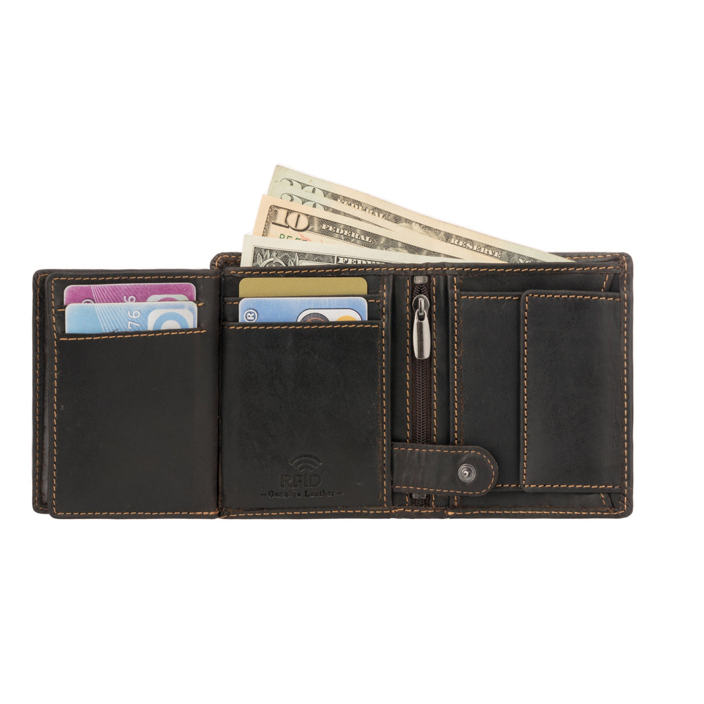 Brown Philip leather trifold wallet for men by Minori Leather, shown with multiple card slots and bill compartment.