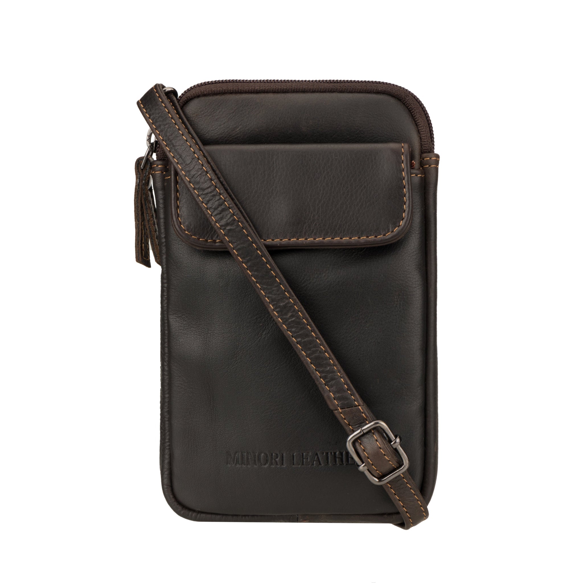 Minori Leather Freya leather sling bag in brown, unisex design with adjustable strap and sleek style.