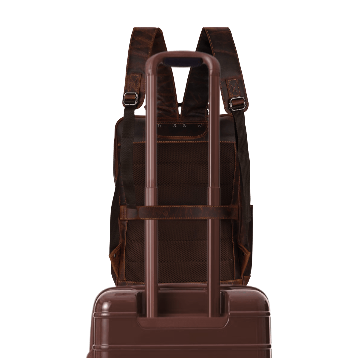 Minori Leather Orlando Leather Backpack 16-inch unisex chestnut bag with adjustable straps and front pocket, showing textured leather surface.