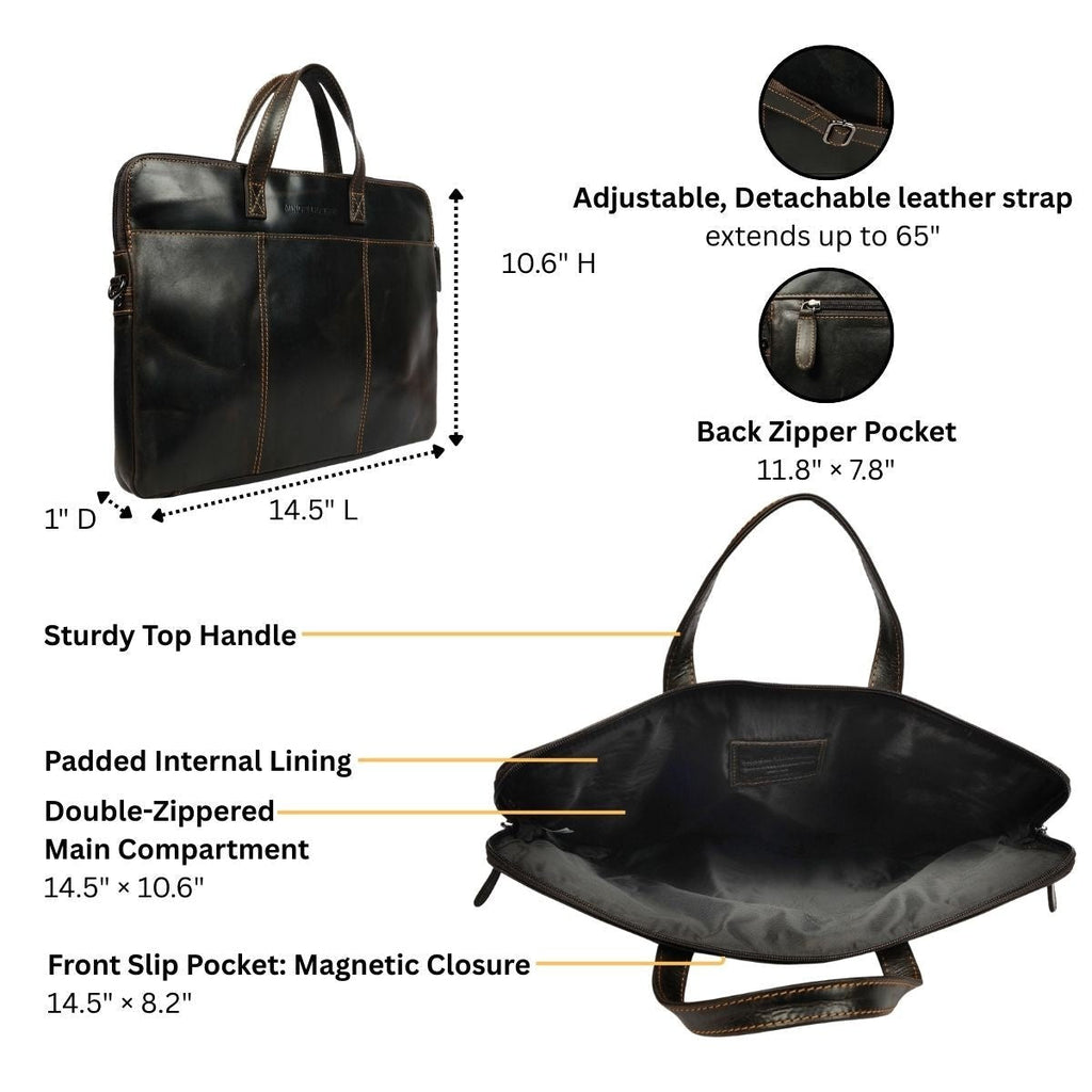 Brown Minori Leather Atlas 14-inch unisex laptop sleeve with textured leather and sleek design.