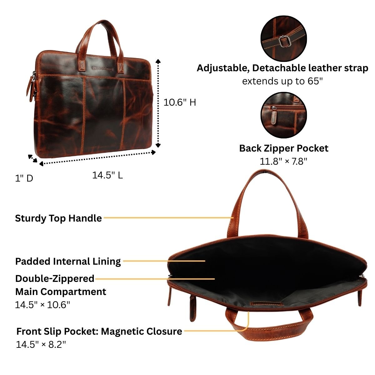 Minori Leather Atlas 14-inch unisex leather laptop sleeve in chestnut with smooth finish and secure zipper closure.