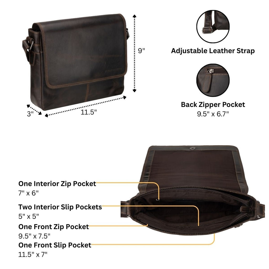 Brown Austin Leather Satchel Bag by Minori Leather, unisex 11-inch crossbody bag with textured leather and adjustable strap.