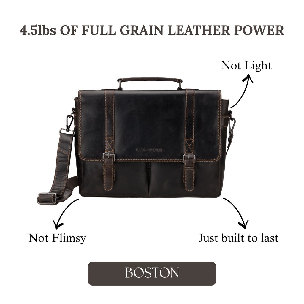 Brown Minori Leather Boston briefcase bag, unisex 16-inch leather briefcase with sturdy design and classic style.