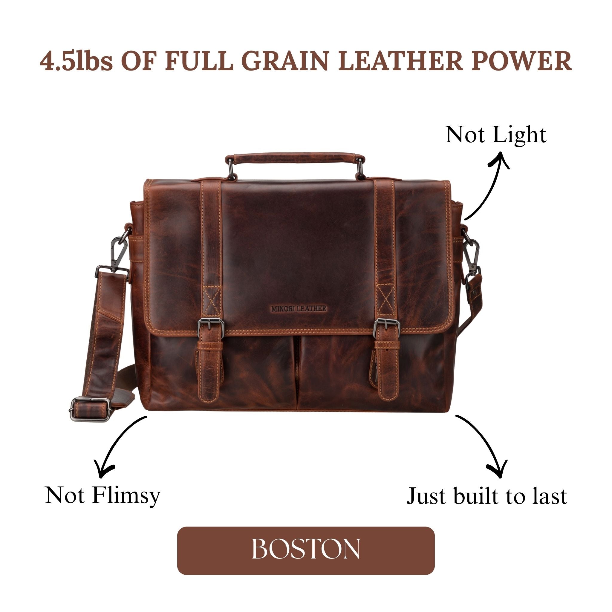 Unisex Boston Leather Briefcase Bag in chestnut color with sturdy handles, designed for professional use.