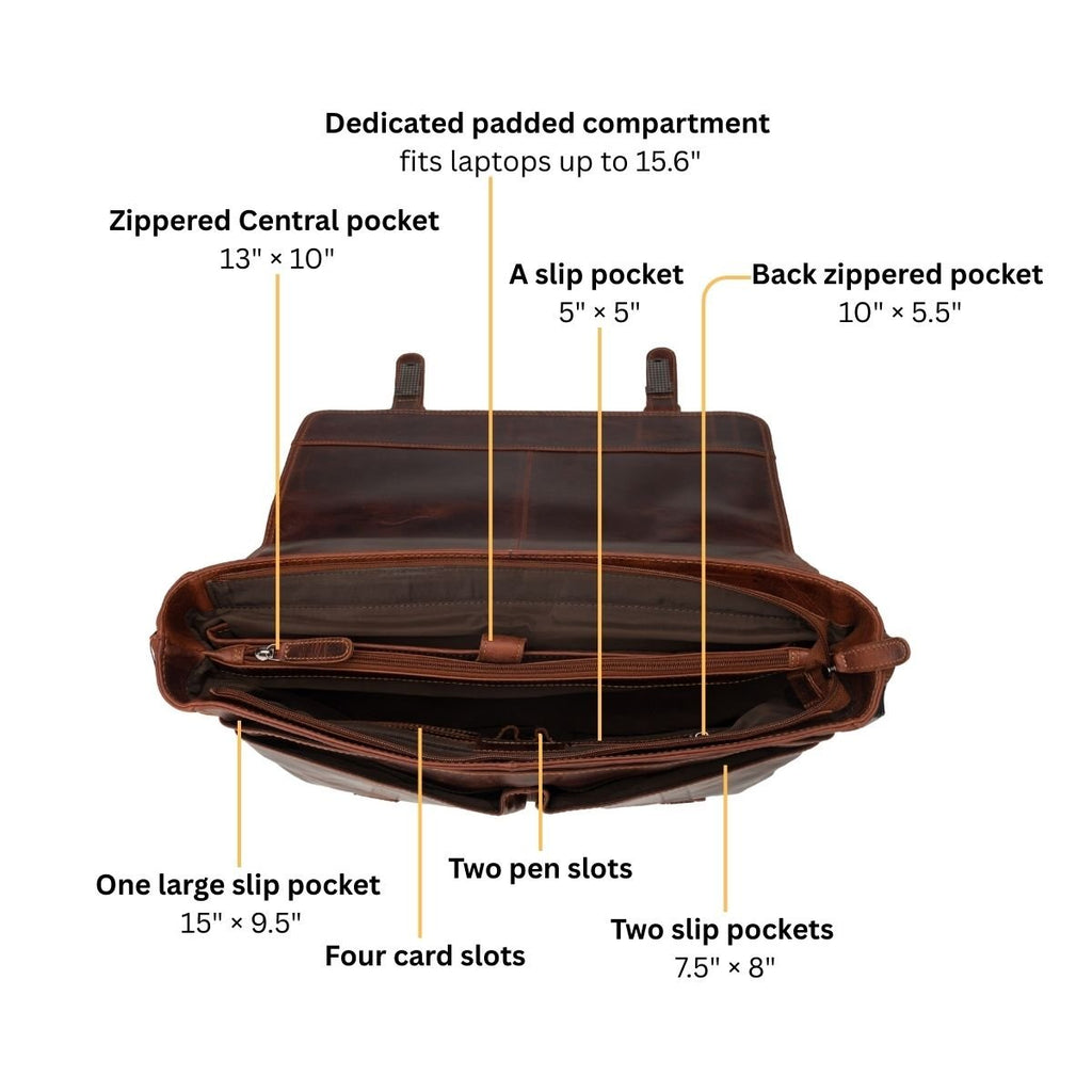 Unisex Boston Leather Briefcase Bag in chestnut with sturdy handles and briefcase design, made by Minori Leather.