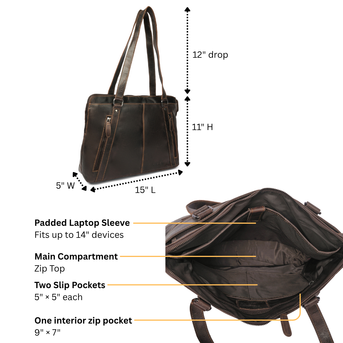Camille Leather Laptop Tote Bag in Brown