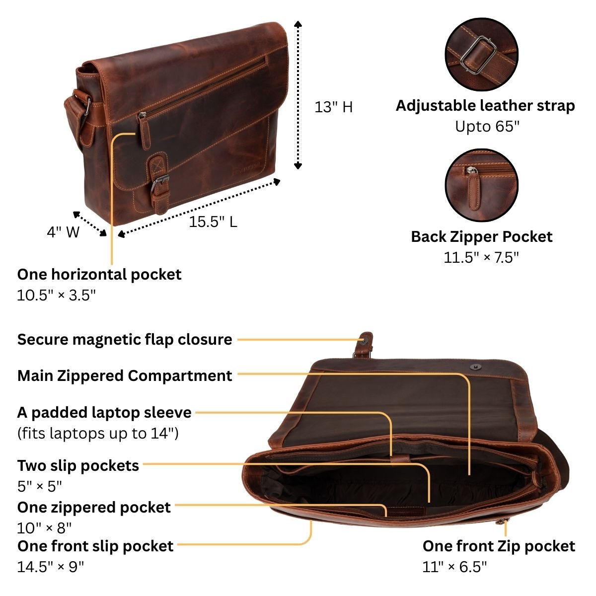 Minori Leather 14-inch Chicago messenger bag in chestnut leather, featuring a sleek design and sturdy handle for everyday use.