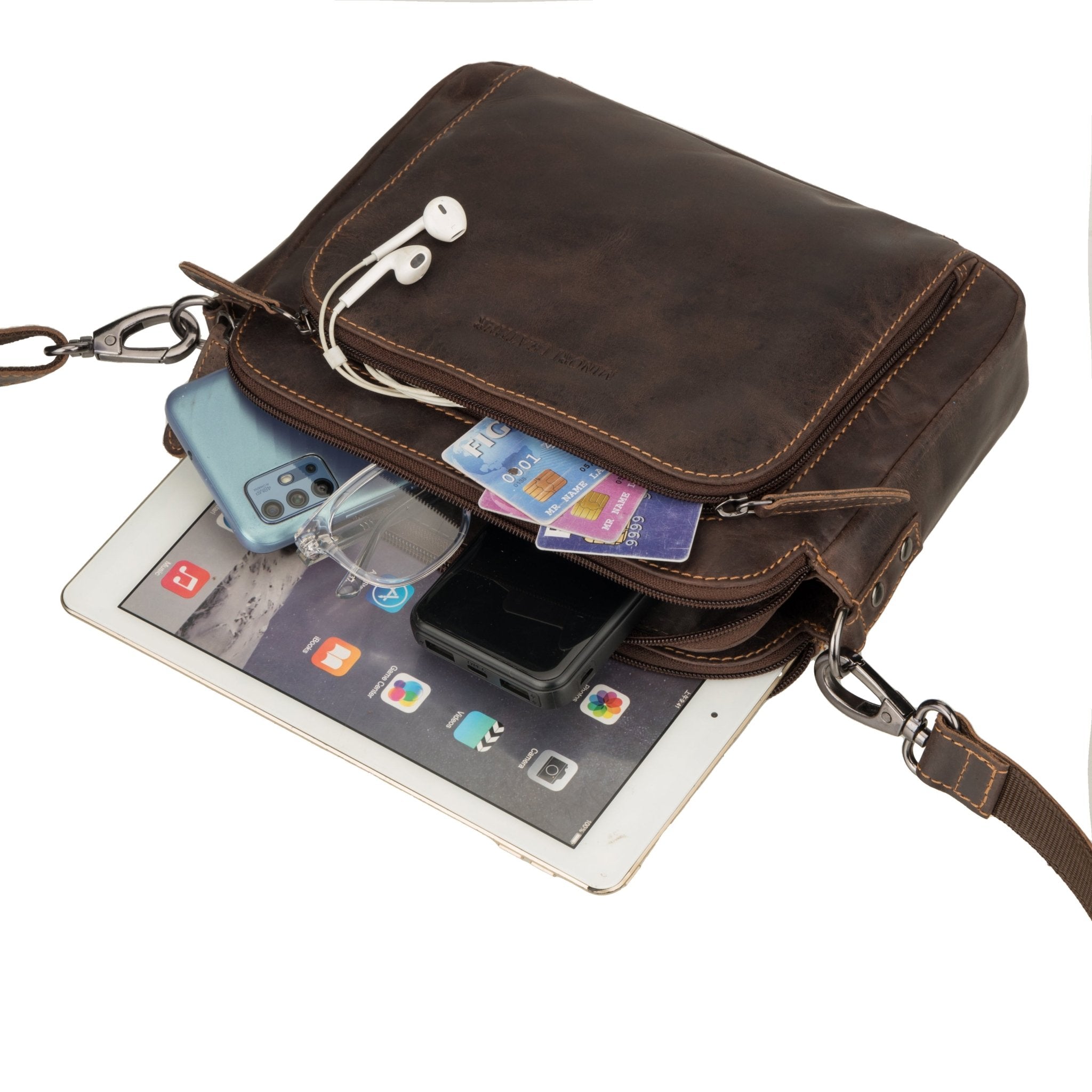 Brown Ellis leather crossbody bag by Minori Leather with adjustable strap and sleek design, perfect for everyday use.