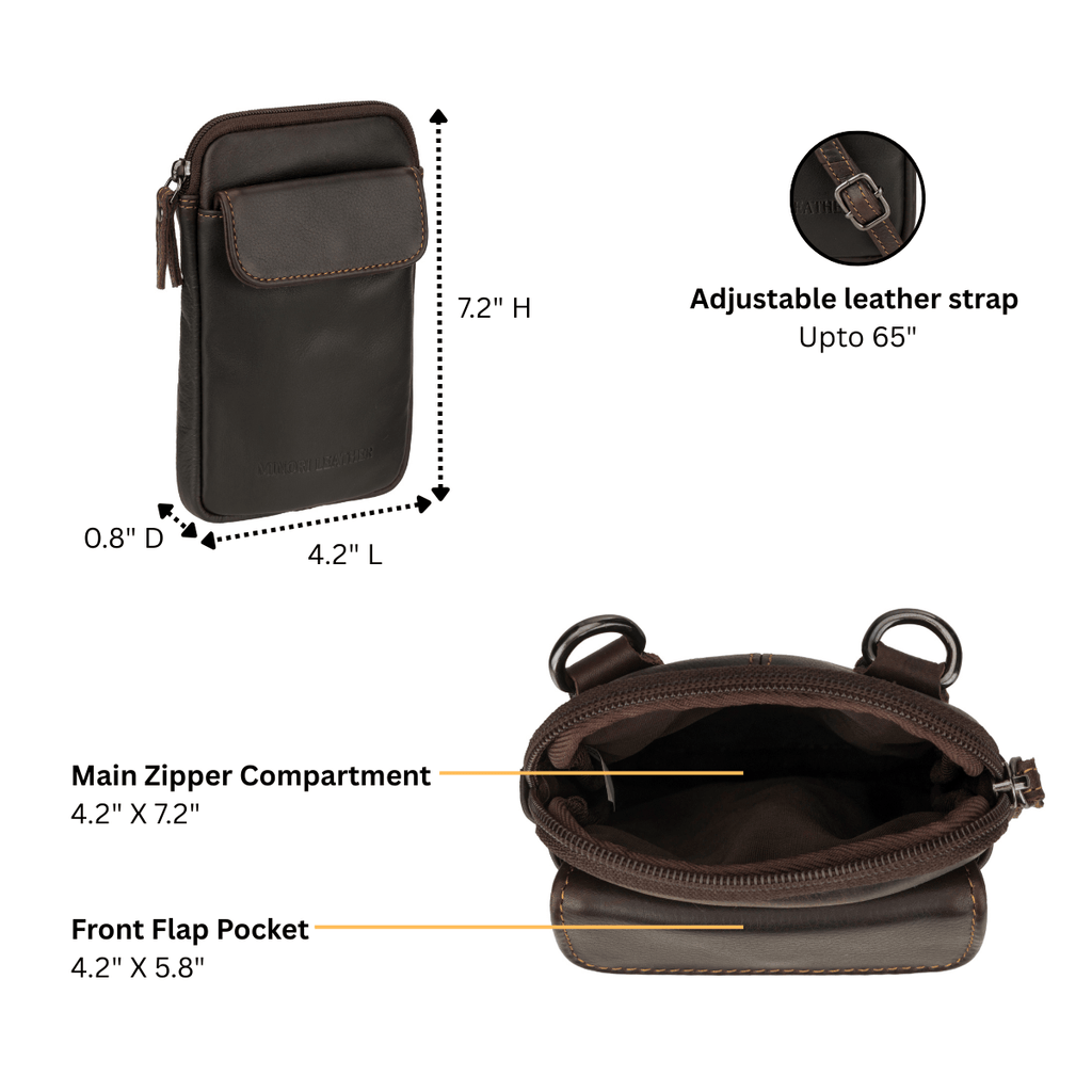 Brown Freya Leather Sling Bag by Minori Leather featuring a sleek unisex design with adjustable strap and durable leather material.