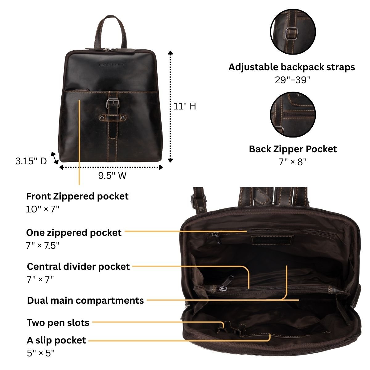 Brown Isla leather backpack for women with adjustable straps, front pocket, and minimalist design by Minori Leather.