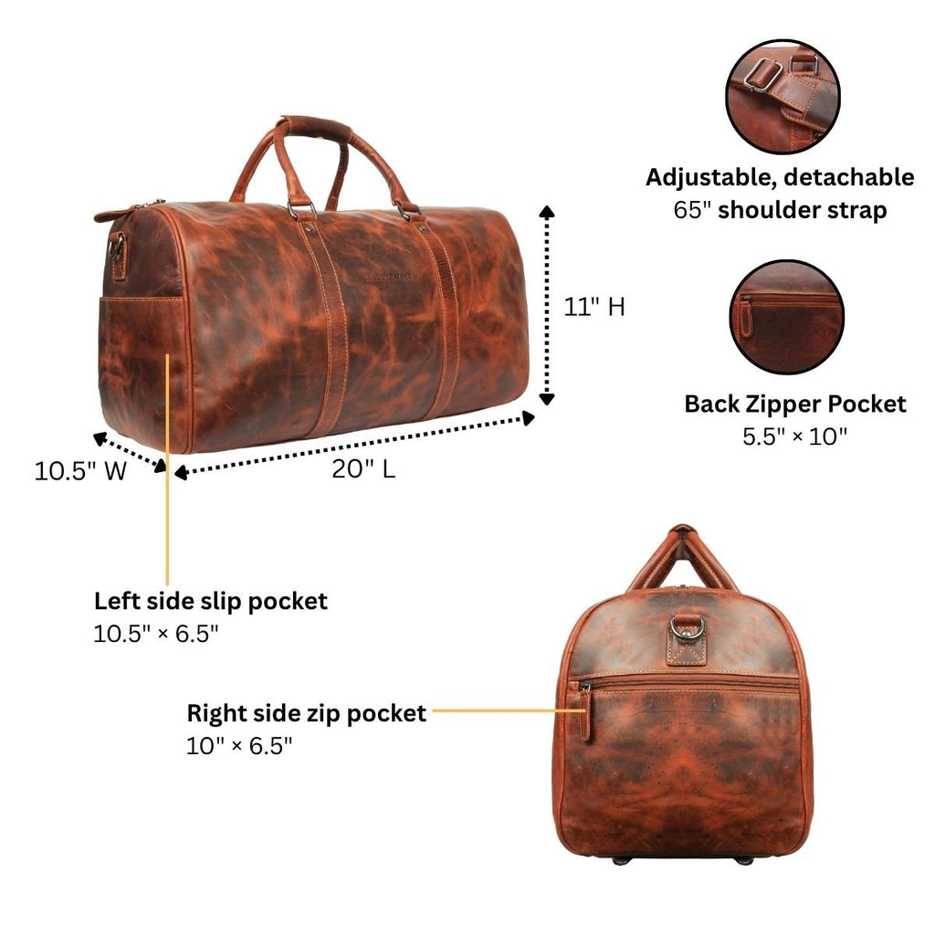 Minori Leather Jackson leather weekender duffle bag in chestnut with sturdy handles and spacious interior for travel and weekend trips.