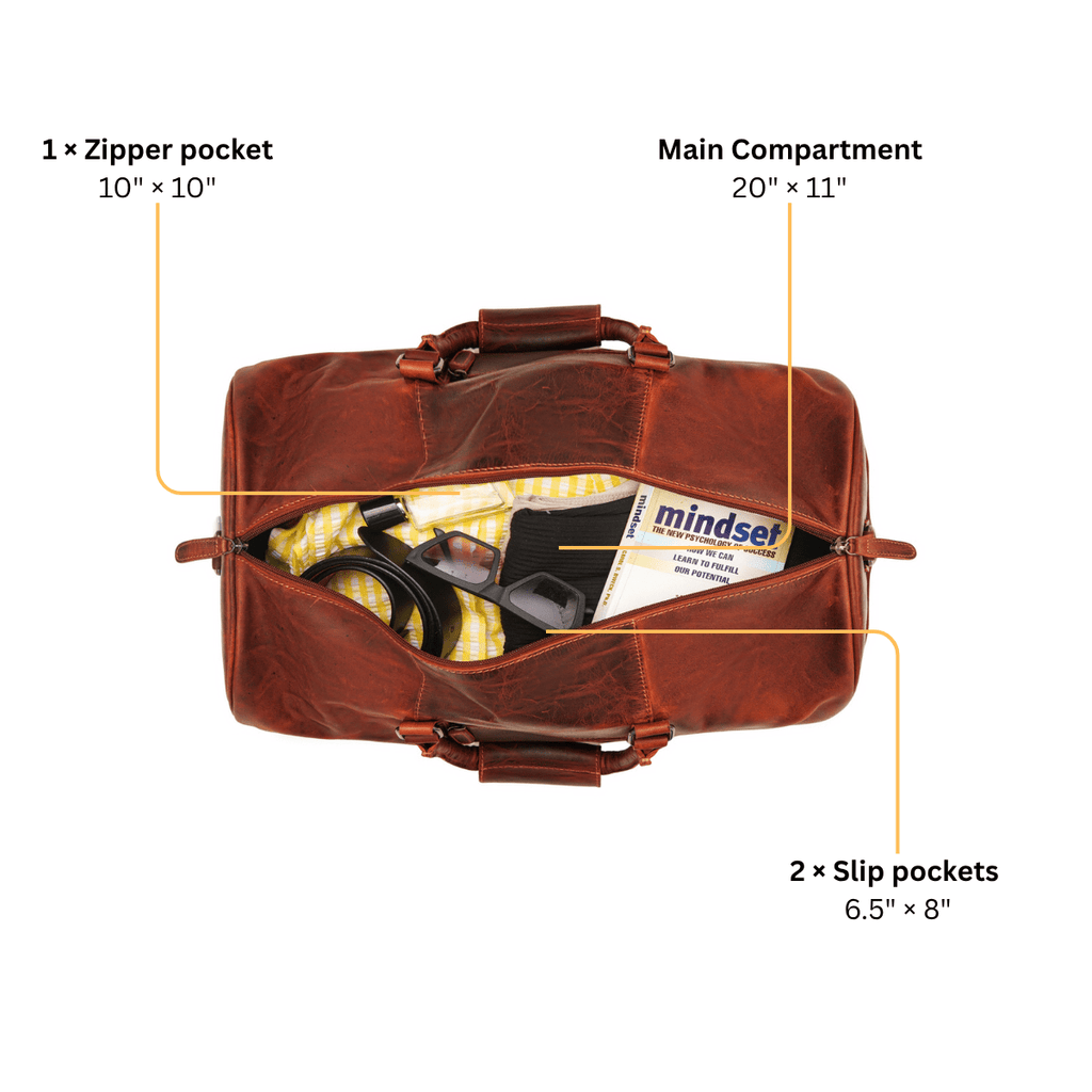 Minori Leather Jackson Weekender Bag in chestnut leather, stylish duffle bag with sturdy handles and spacious interior.