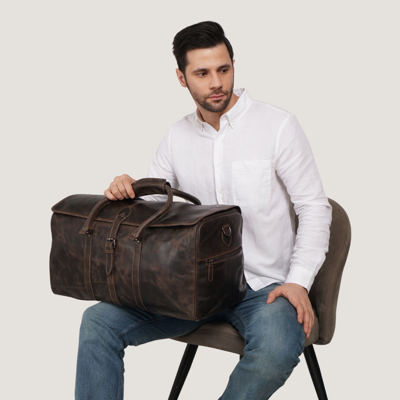 Brown Miami Leather Weekender duffle bag by Minori Leather, showing its spacious design and sturdy leather construction.