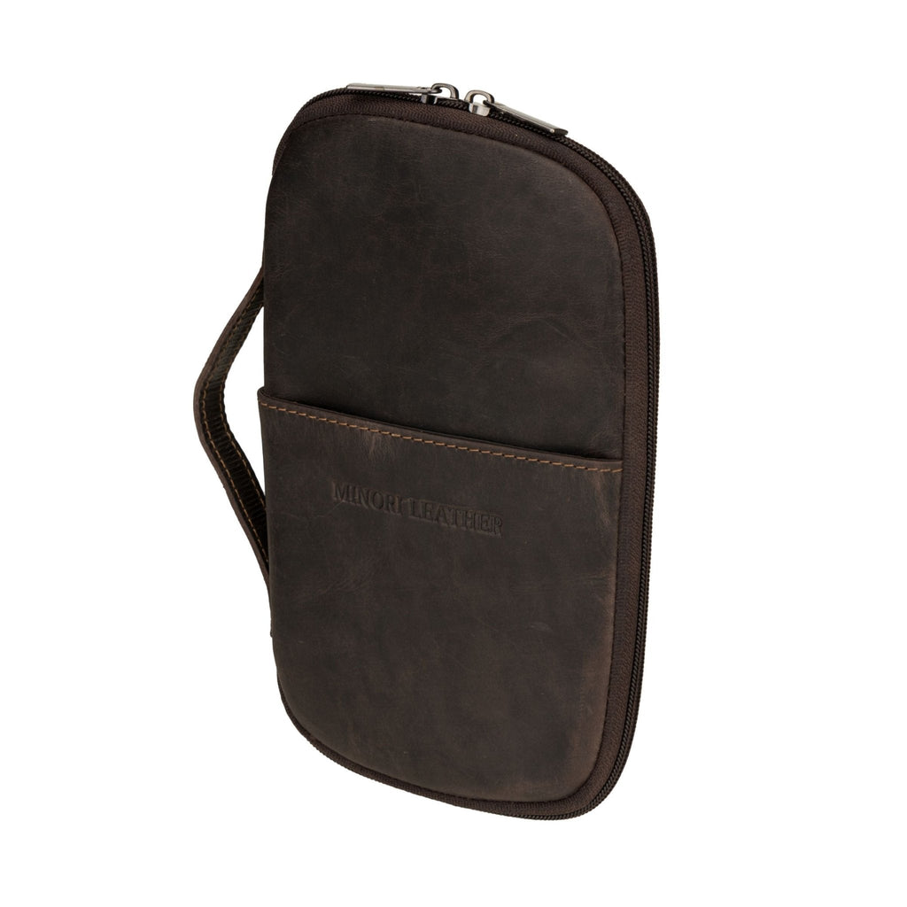 Minori Leather Monroe leather passport wallet in brown with multiple card slots and RFID protection.