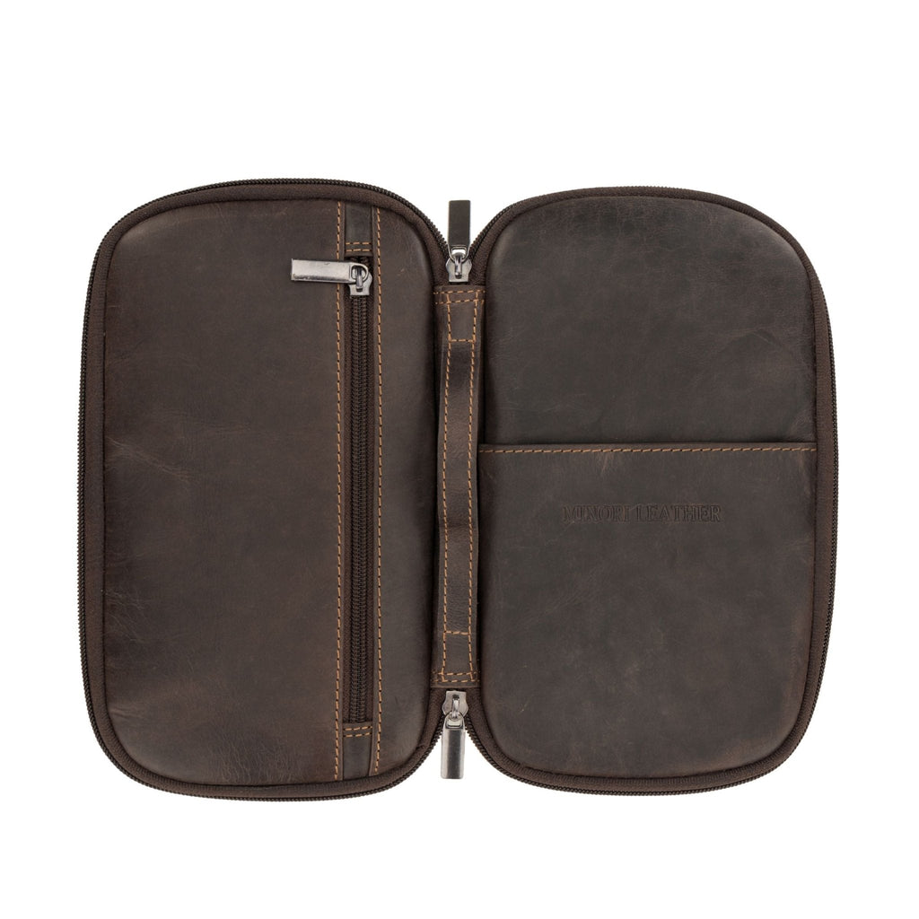 Brown Monroe leather passport wallet by Minori Leather featuring compact design and multiple card slots.