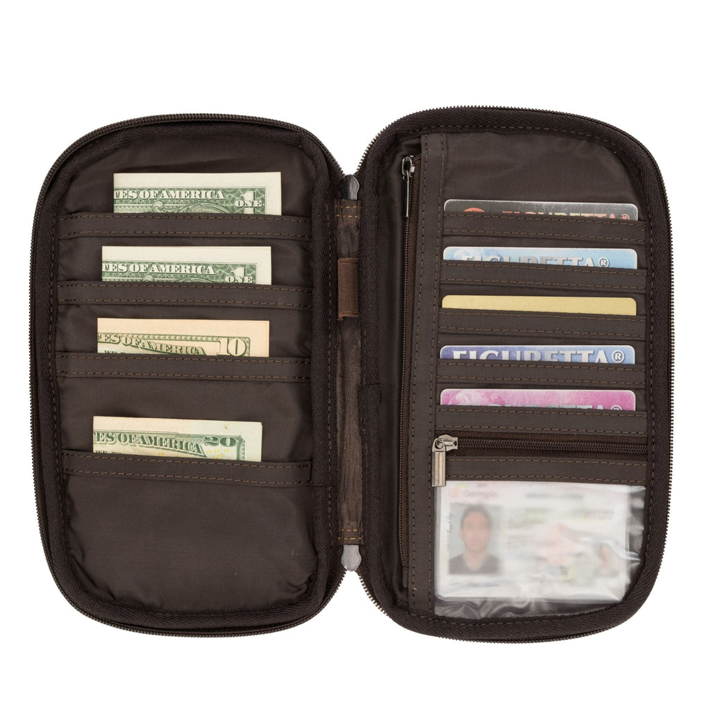 Minori Leather Monroe leather passport wallet in brown with multiple card slots and RFID protection on a white background.