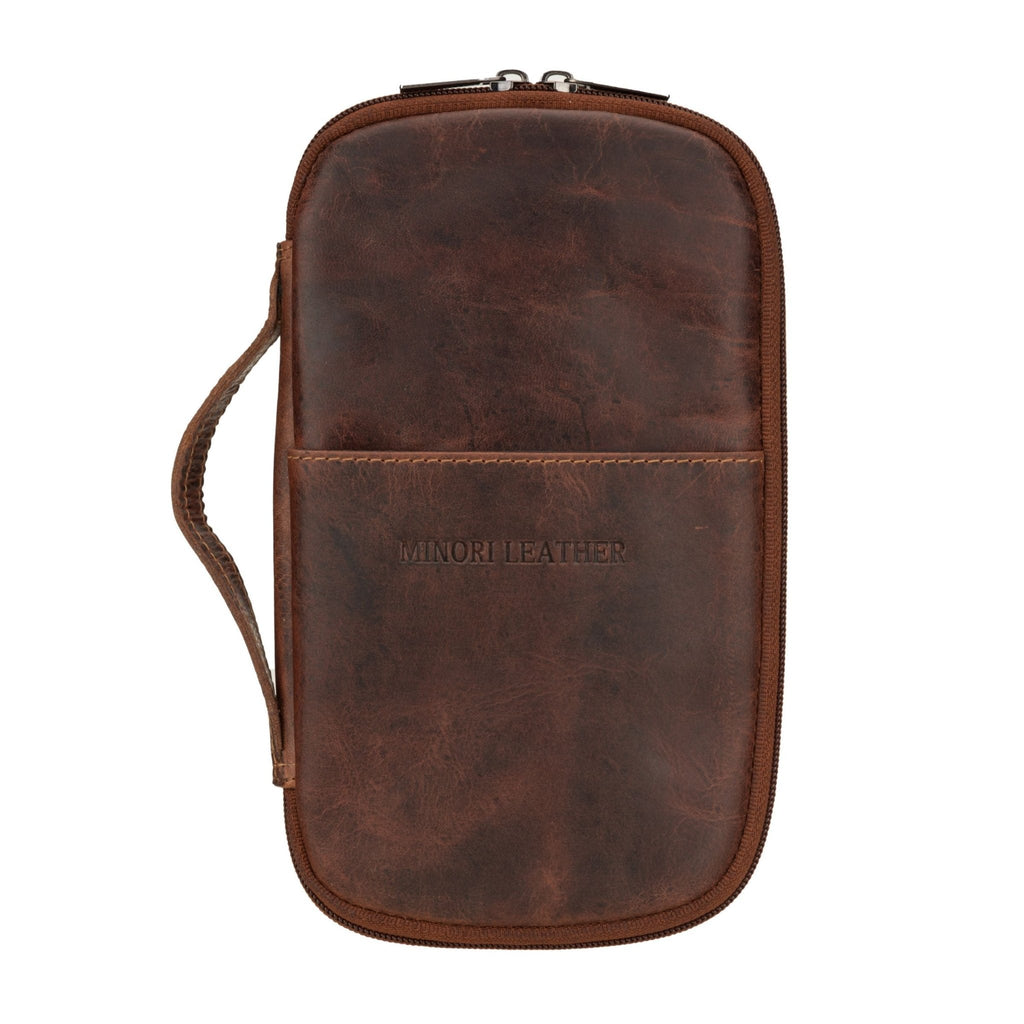 Minori Leather Monroe Leather Passport Wallet in chestnut leather with multiple card slots and a secure passport compartment.