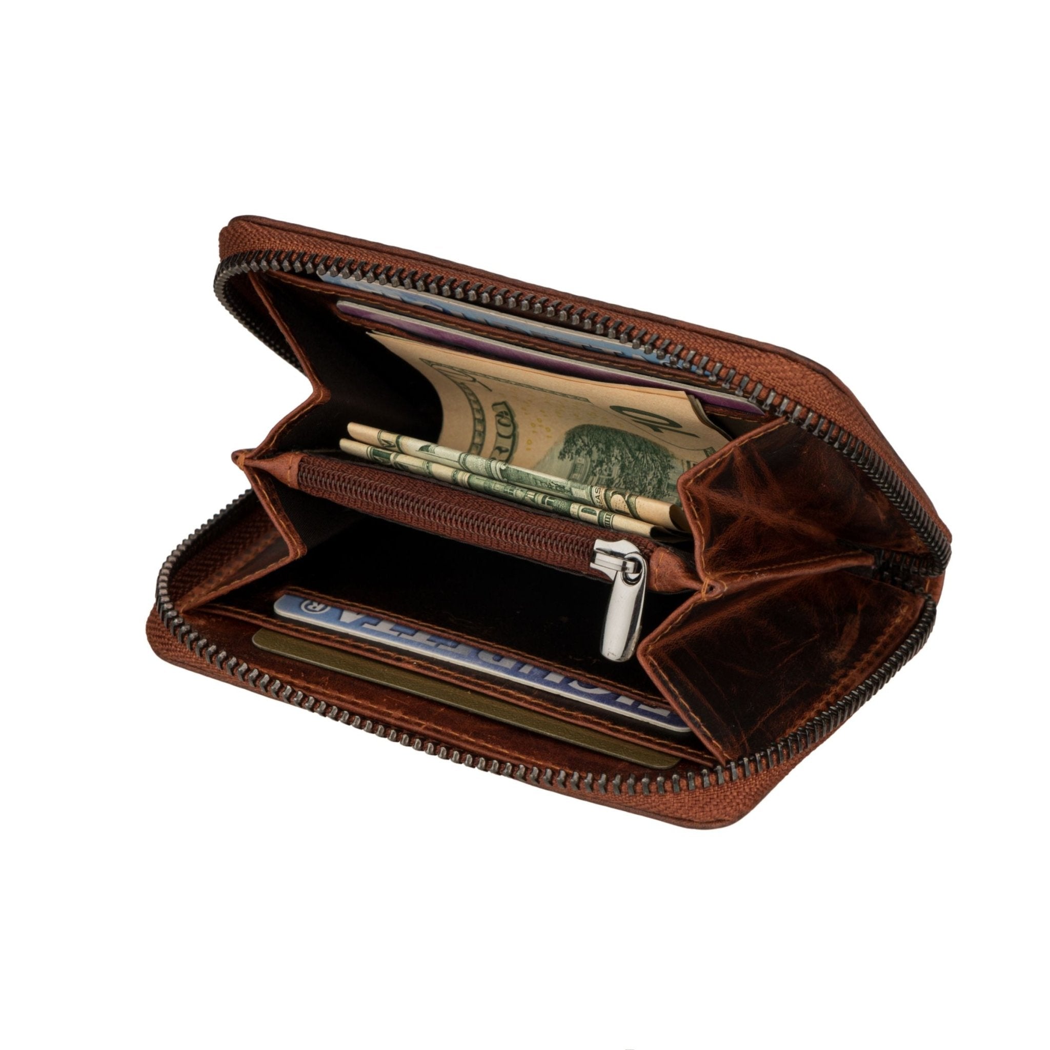 Minori Leather Hazel leather wallet in chestnut color, showcasing slim design with card slots and smooth leather finish.