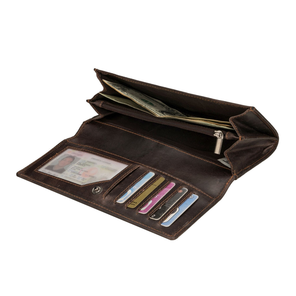 Minori Leather Charlotte brown leather wallet with multiple card slots and a sleek, compact design.