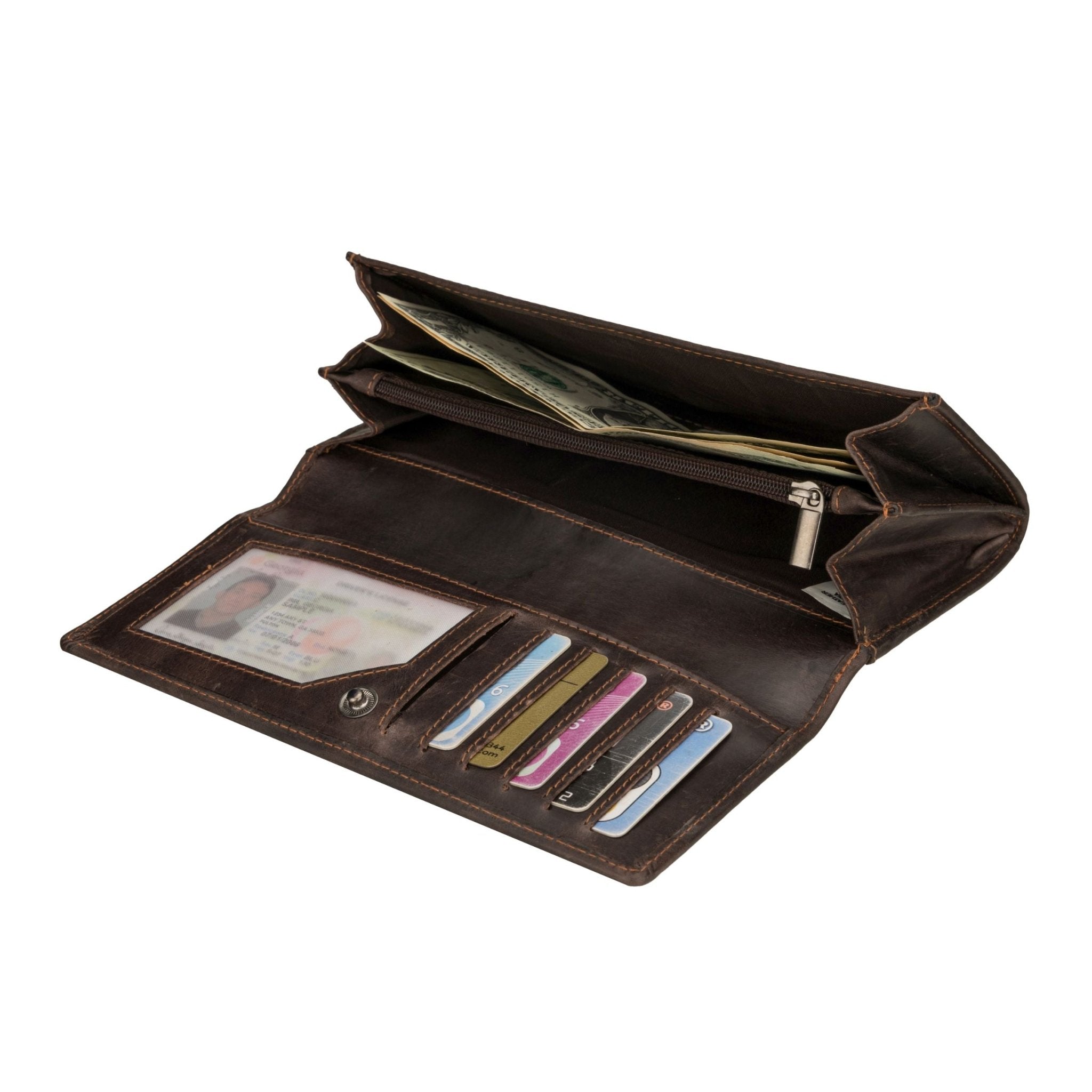 Minori Leather Charlotte brown leather wallet with multiple card slots and a sleek, compact design.