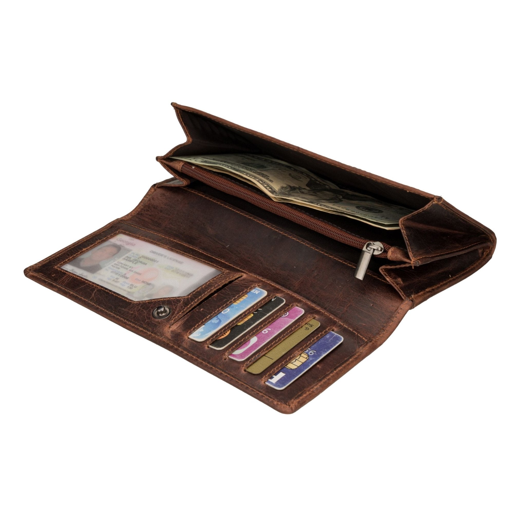 Minori Leather Charlotte leather wallet in chestnut with multiple card slots and a sleek, compact design.