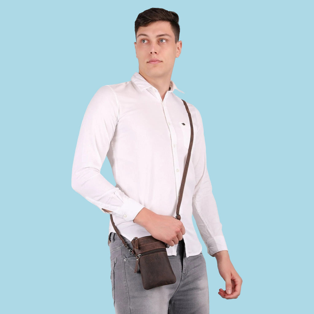 Minori Leather Ashford Leather Sling Bag in chestnut, unisex design with adjustable strap and sleek leather finish.