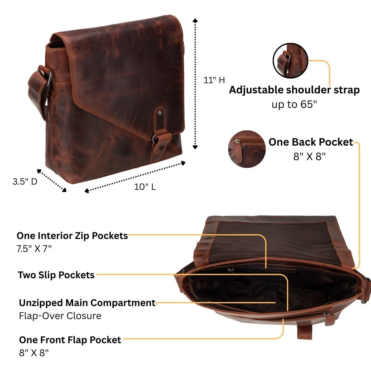 Minori Leather Noah leather crossbody satchel bag in chestnut with adjustable strap and detailed stitching.