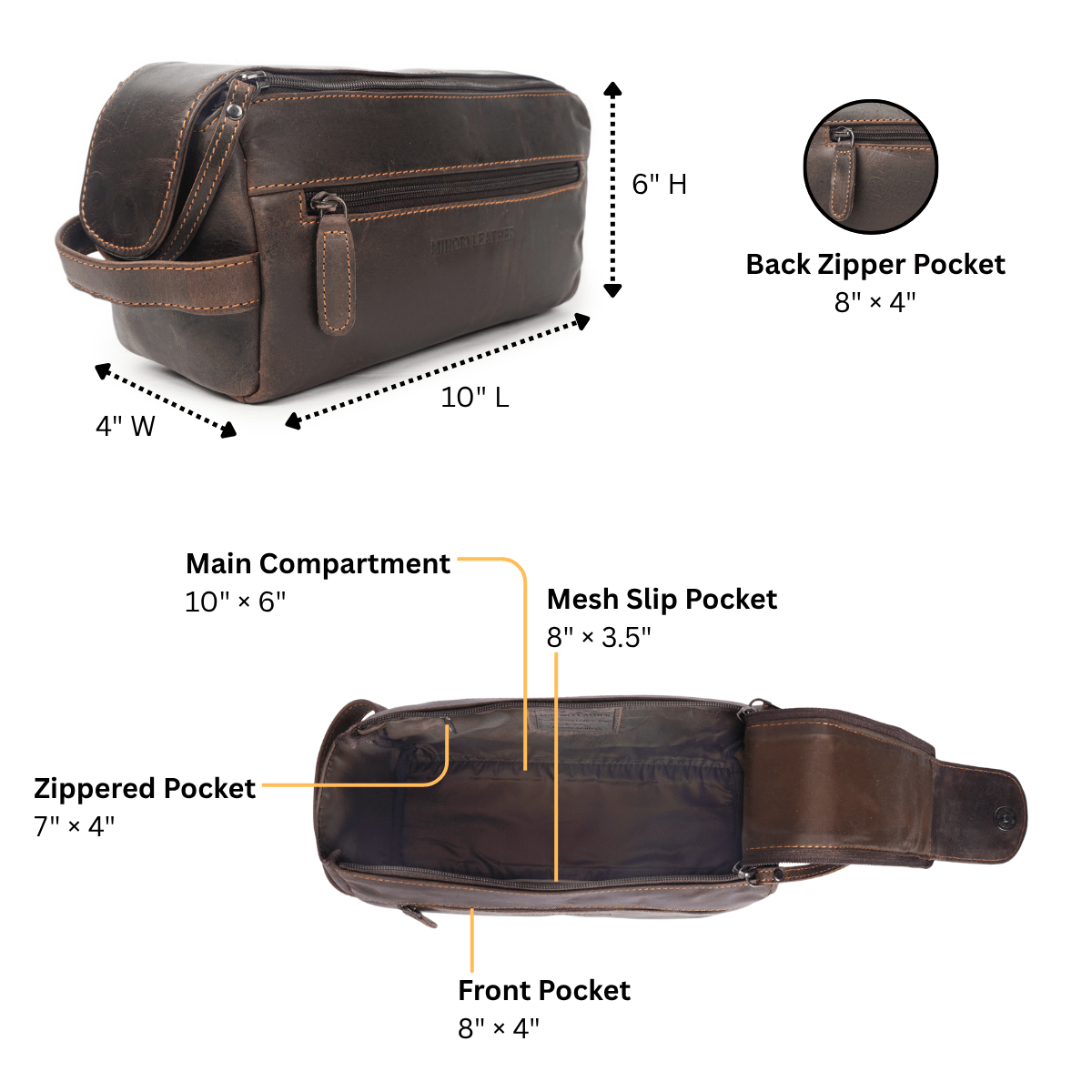 Brown Minori Leather Nomad toiletry bag for men, featuring a sleek, durable leather design with multiple compartments for travel essentials.