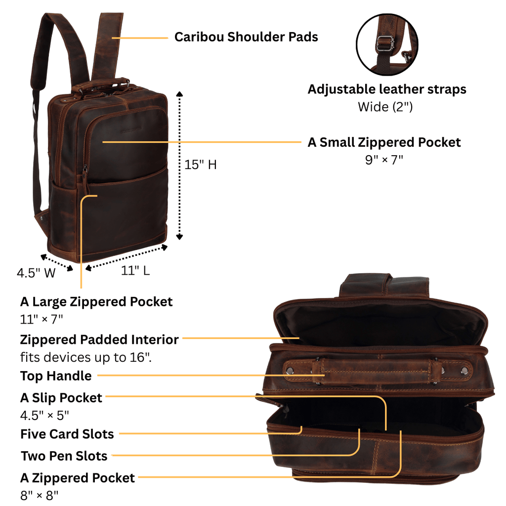 Minori Leather Orlando 16-inch unisex leather backpack in chestnut with detailed stitching and adjustable straps.