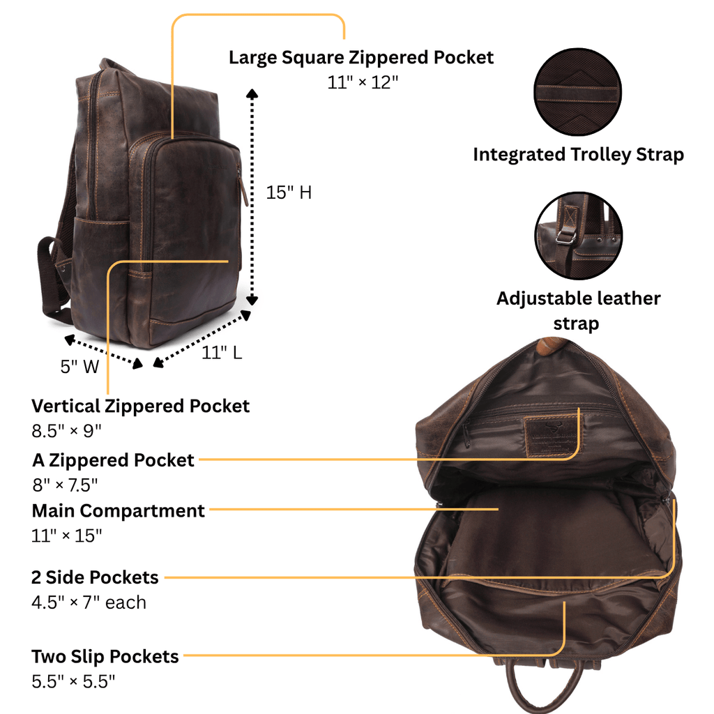 Minori Leather Oslo leather backpack for 15.6-inch laptops in brown with adjustable straps and multiple compartments
