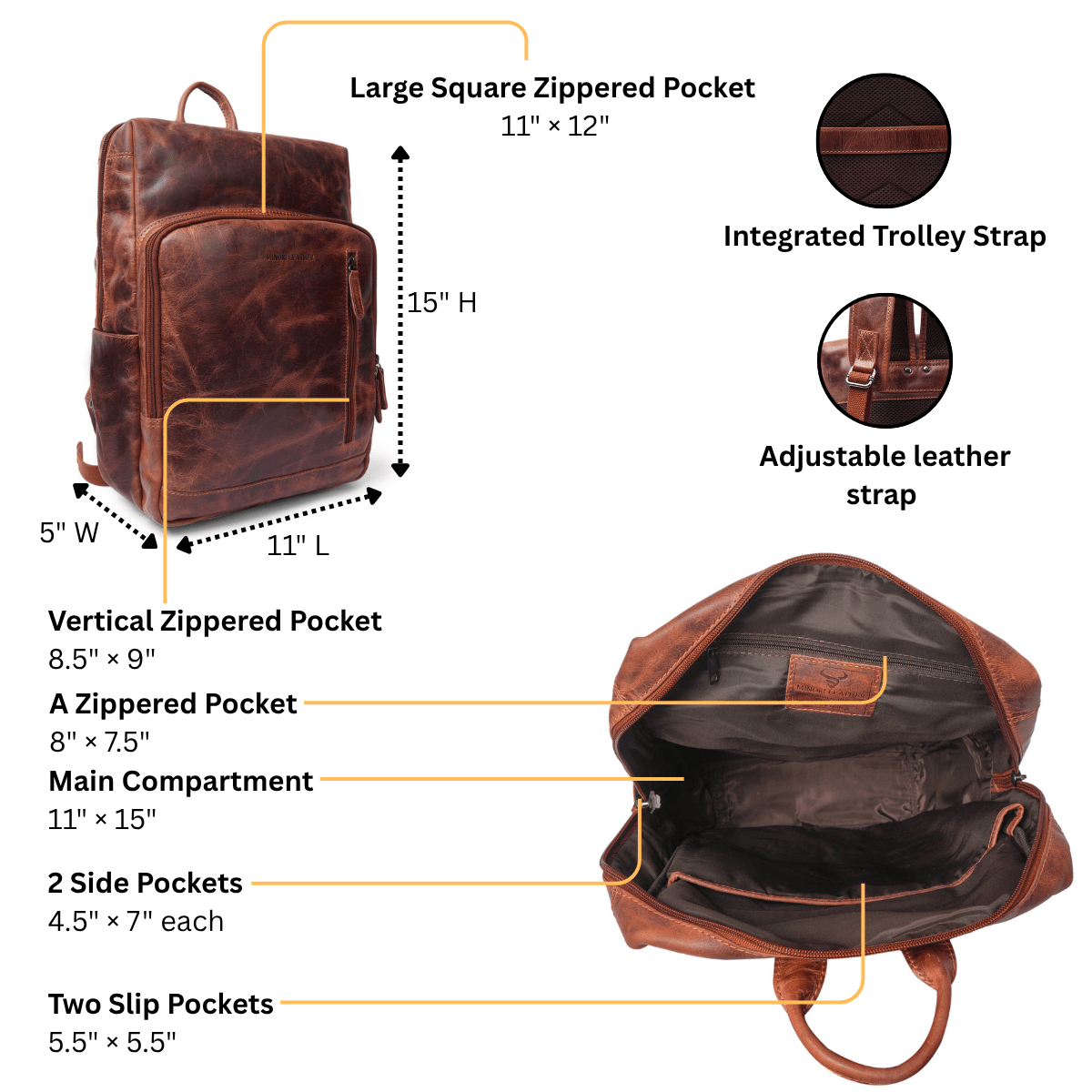 Minori Leather Oslo leather backpack for 15.6-inch laptops, chestnut brown with multiple compartments and sturdy straps.