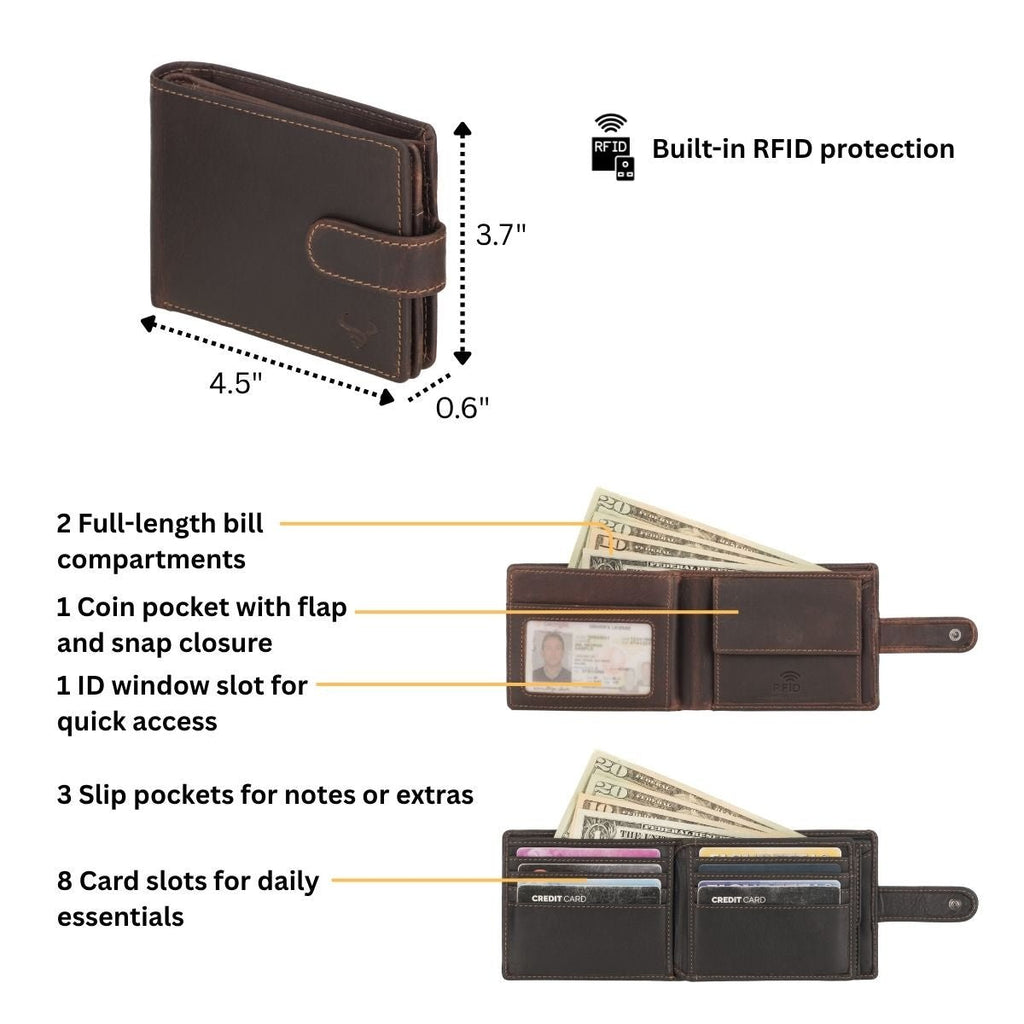 Men's Phoenix Leather Clip Wallet by Minori Leather in chestnut leather, featuring a compact design and metal clip closure.