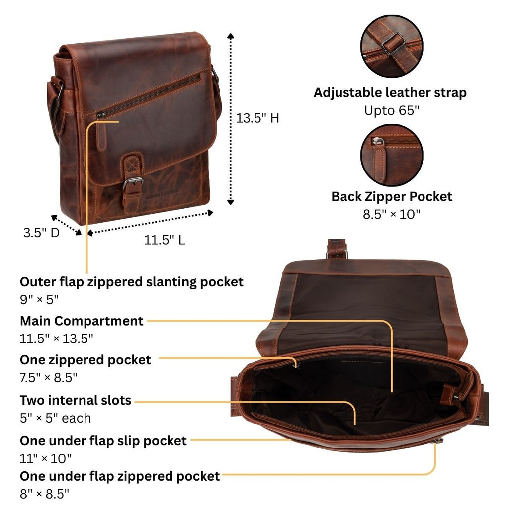 Minori Leather Raleigh leather crossbody satchel bag in chestnut with adjustable strap and classic design.